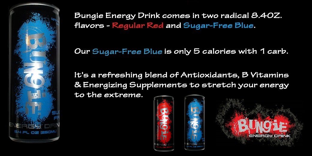 Blue Energy can next to text about the two varieties of Energy Drink